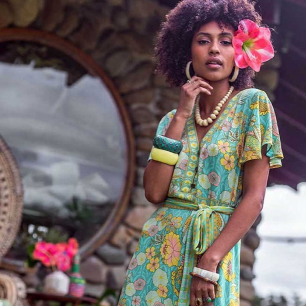 Boho Floral Solei Maxi Faux Wrap Ruffle Dress With Butterfly Sleeves